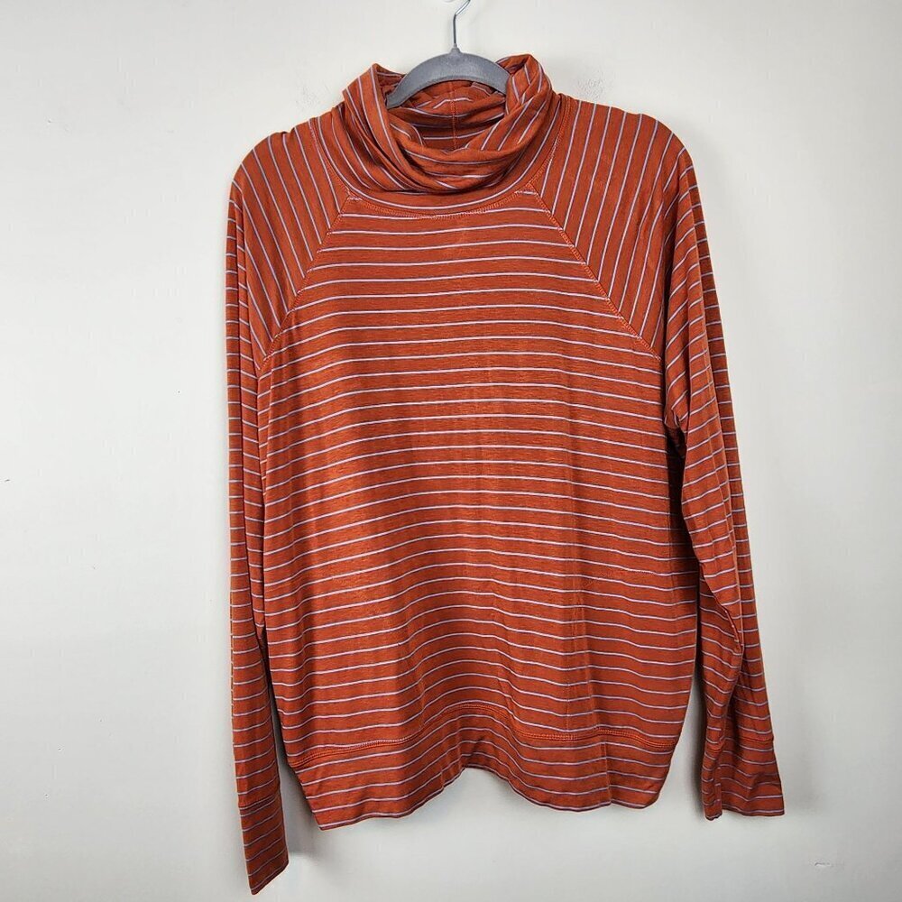 PrAna Sol Protect Turtleneck sz XL women relaxed fit pockets gingerbread stripes - Picture 2 of 12